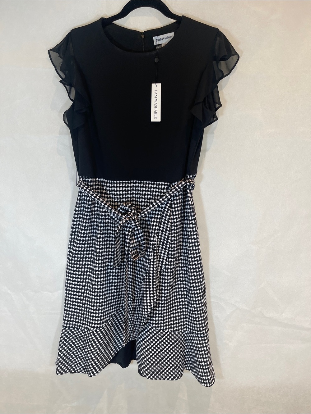SHELBY & PALMER = Black Top with Black-and-White Houndstooth Midi Dress , Size12 - Picture 3 of 16
